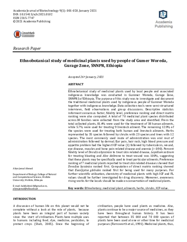 (PDF) Medicinal Plants in Gumer Woreda, Ethiopia