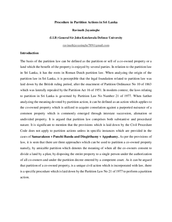 (PDF) Procedure in Partition Actions in Sri Lanka