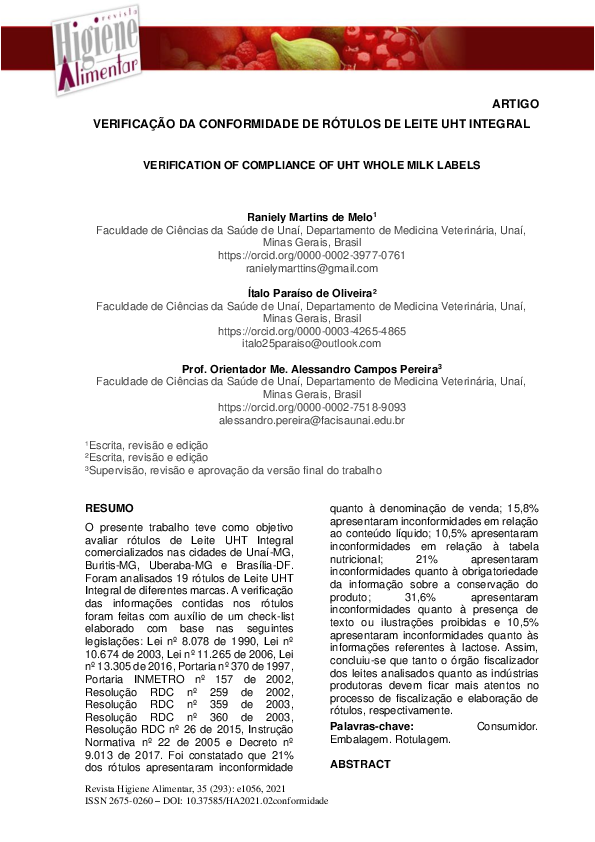 (PDF) Verificação Da Conformidade De Rótulos De Leite Uht Integral ...