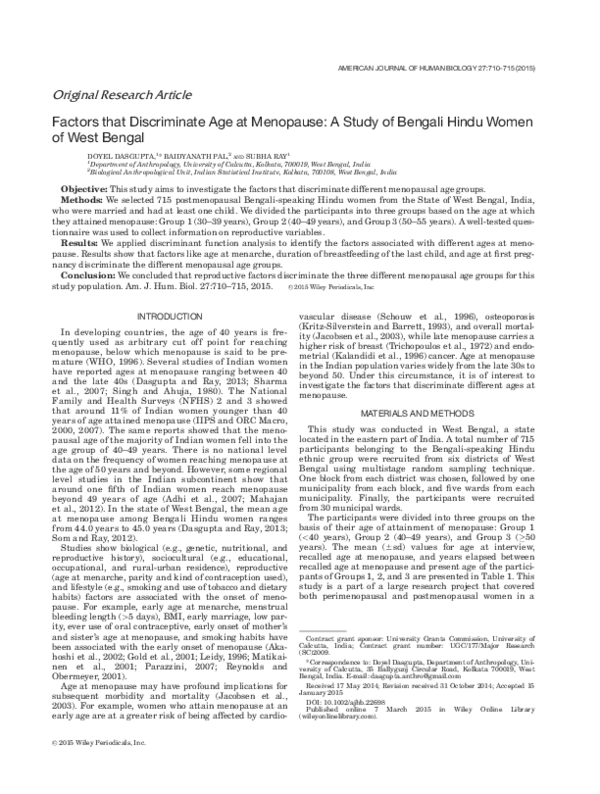 (PDF) Factors that discriminate age at menopause A study of Bengali Hindu women of West Bengal