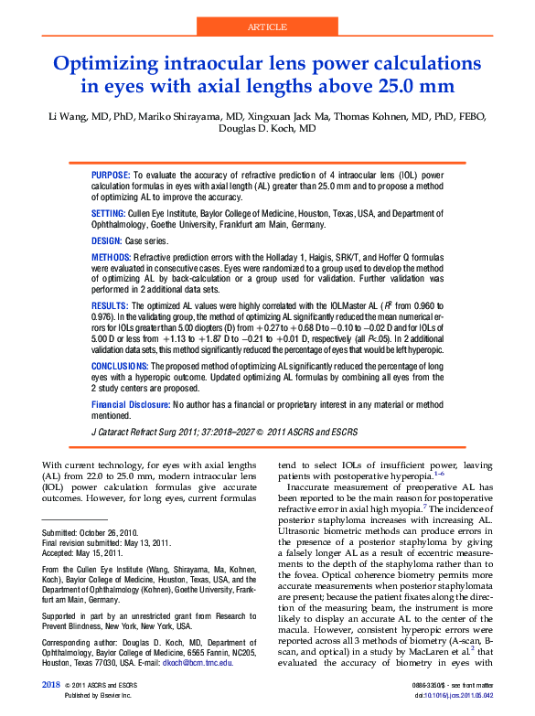 (PDF) Optimizing intraocular lens power calculations in eyes with axial ...