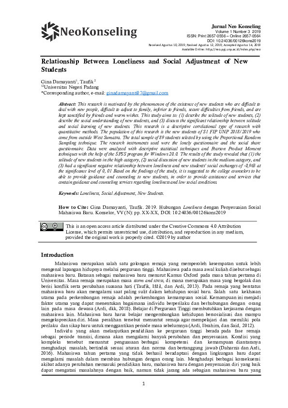 (PDF) Relationship Between Loneliness and Social Adjustment of New Students