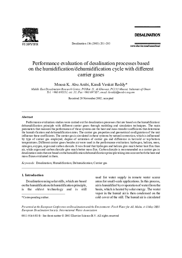 (PDF) Performance evaluation of desalination processes based on the ...