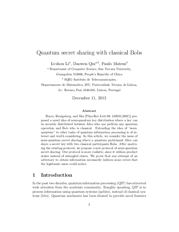 (PDF) Quantum secret sharing with classical Bobs