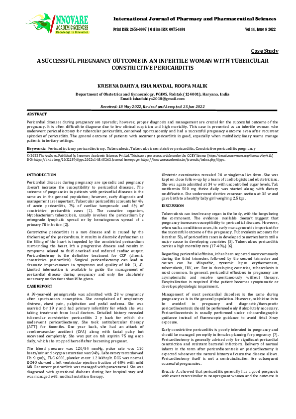 (PDF) A SUCCESSFUL PREGNANCY OUTCOME IN AN INFERTILE WOMAN WITH ...
