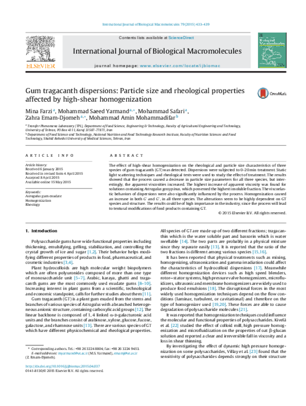 (PDF) Gum tragacanth dispersions: Particle size and rheological ...