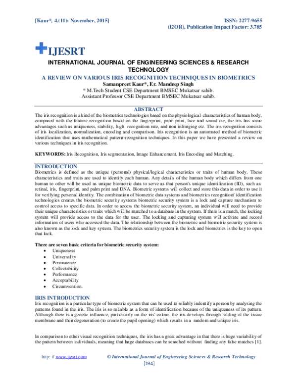 (PDF) Technology a Review on Various Iris Recognition Techniques in ...
