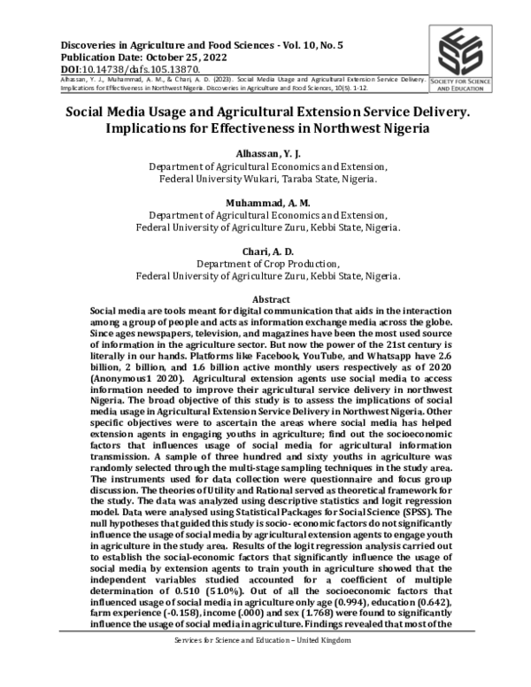 (PDF) Social Media Usage and Agricultural Extension Service Delivery ...