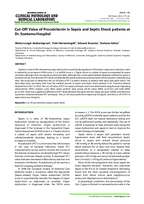 (PDF) Cut-Off Value of Procalcitonin in Sepsis and Septic Shock ...