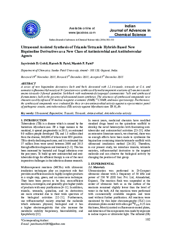 (PDF) Ultrasound Assisted Synthesis of Triazole/Tetrazole Hybrids Based ...