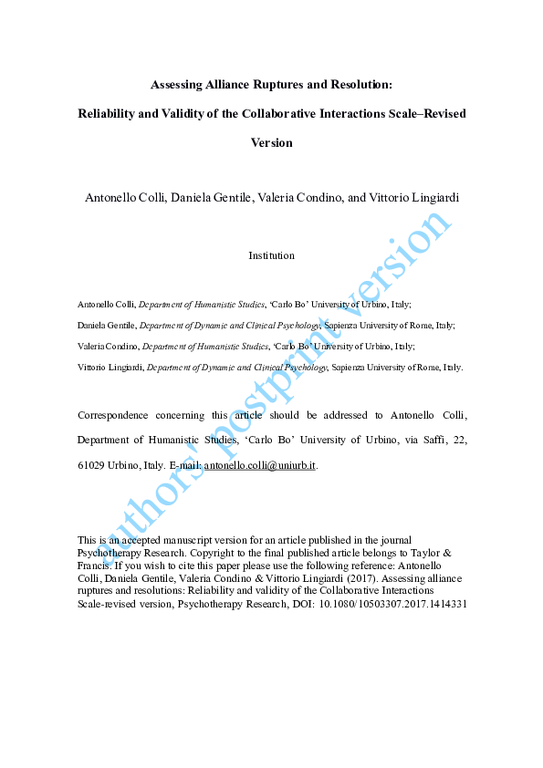 (PDF) Assessing alliance ruptures and resolutions: Reliability and ...