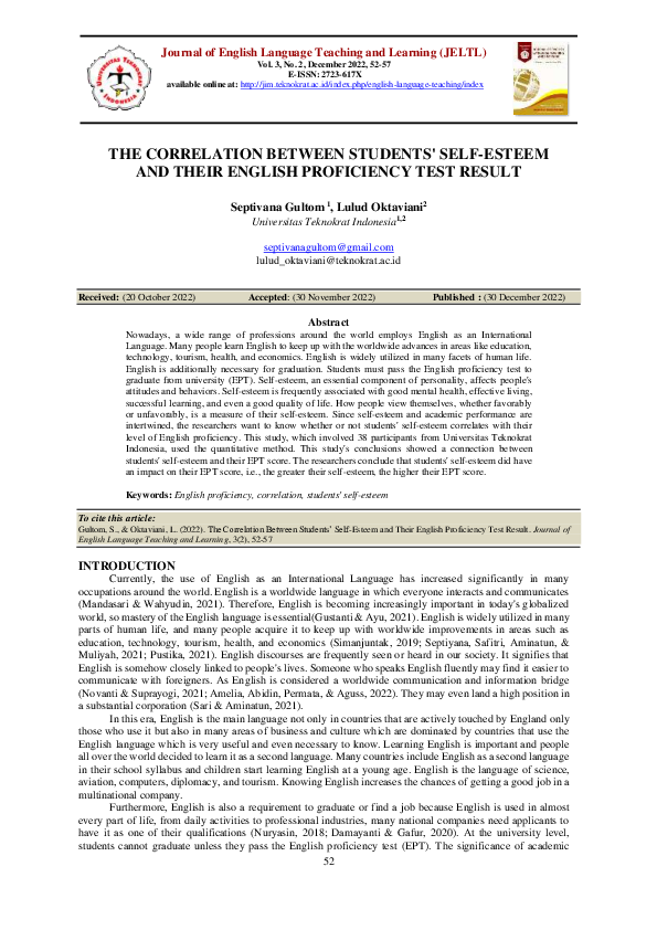 (PDF) The Correlation Between Students' Self-Esteem and Their English ...