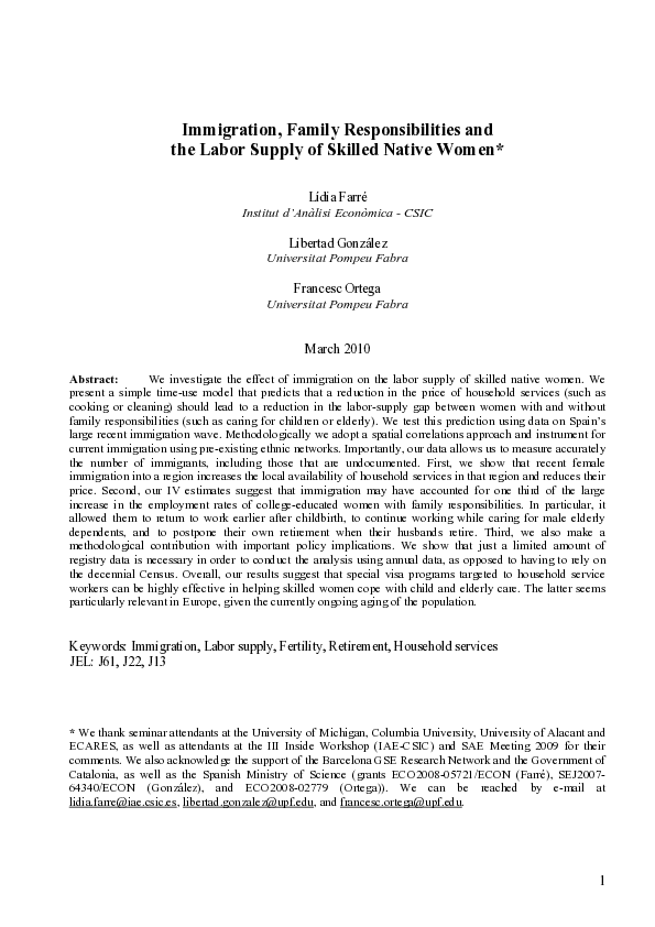 (PDF) 2009): “Immigration, Family Responsibilities and the Labor Supply ...