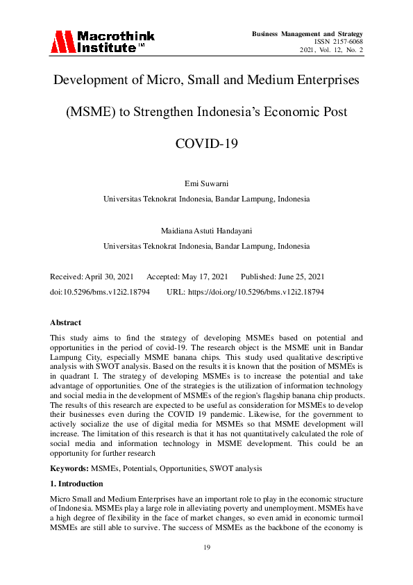 (PDF) Development of Micro, Small and Medium Enterprises (MSME) to ...