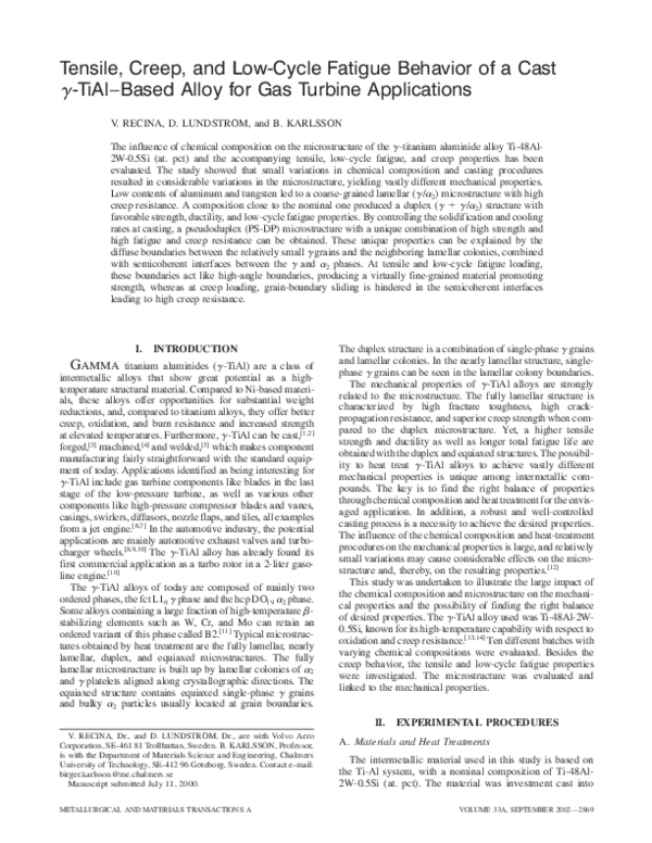 (PDF) Tensile, creep, and low-cycle fatigue behavior of a cast γ-TiAl ...