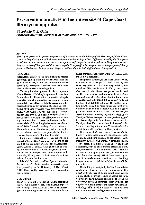 Preservation practices in the University of Cape Coast library: an appraisal