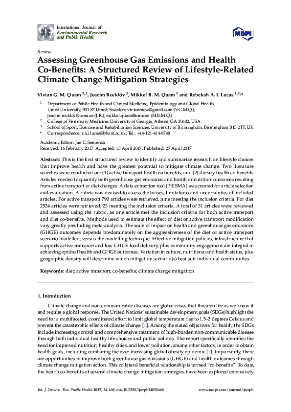 (PDF) Assessing Greenhouse Gas Emissions and Health Co-Benefits: A ...