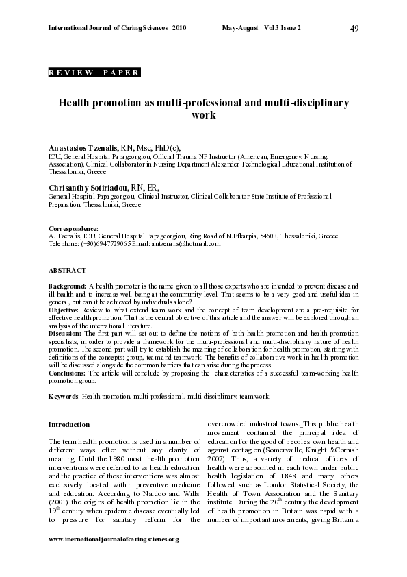 (PDF) Health promotion as multi-professional and multi-disciplinary work