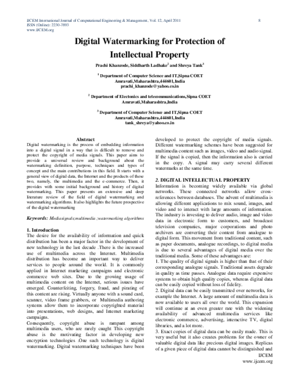 (PDF) Digital Watermarking for Protection of Intellectual Property