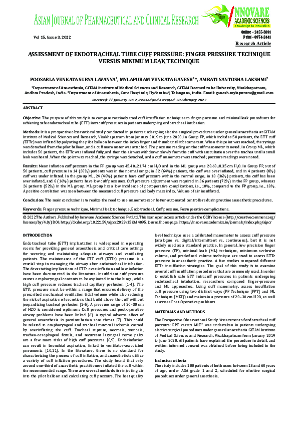 (PDF) ASSESSMENT OF ENDOTRACHEAL TUBE CUFF PRESSURE: FINGER PRESSURE ...