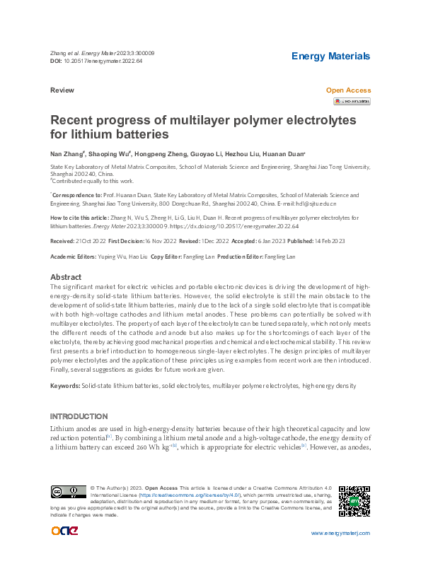 (PDF) Recent progress of multilayer polymer electrolytes for lithium ...