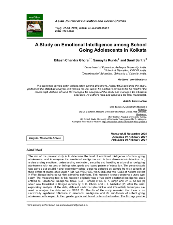 (PDF) A Study on Emotional Intelligence among School Going Adolescents ...