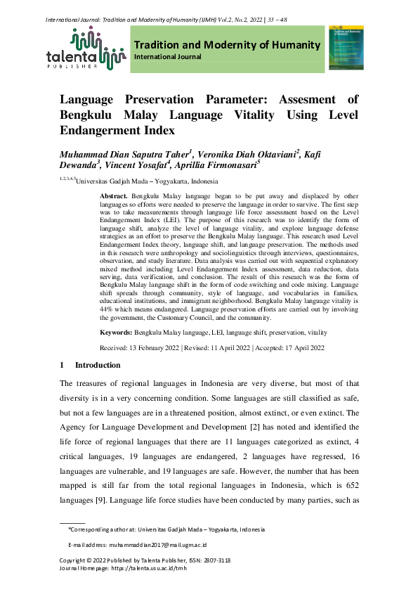 (PDF) Language Preservation Parameter: Assesment of Bengkulu Malay ...