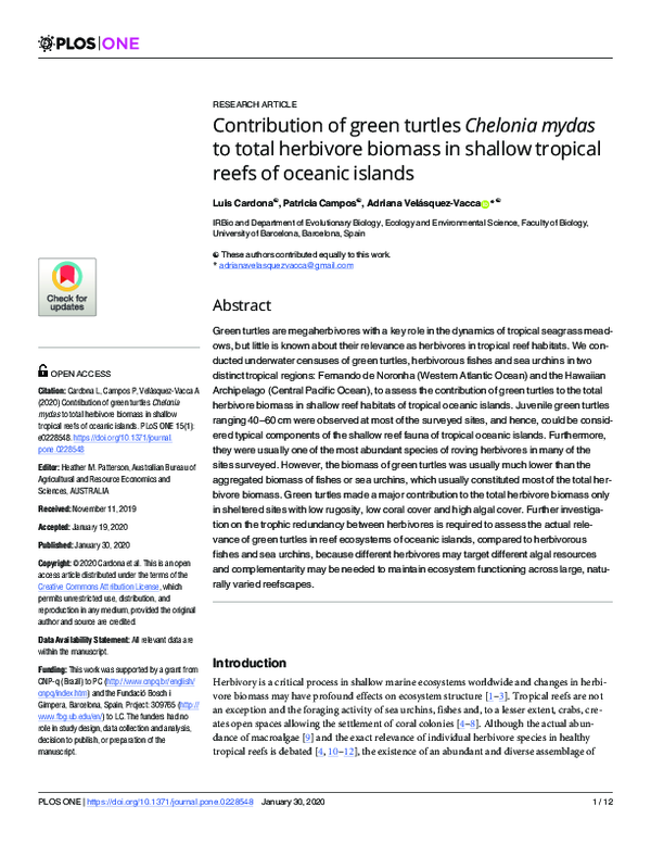 (PDF) Contribution of green turtles Chelonia mydas to total herbivore ...
