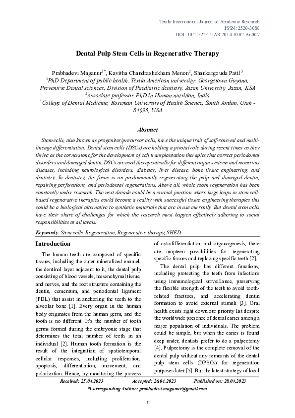 (PDF) Dental Pulp Stem Cells in Regenerative Therapy