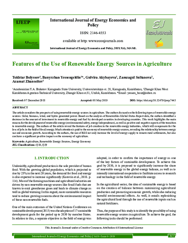(PDF) Features of the Use of Renewable Energy Sources in Agriculture