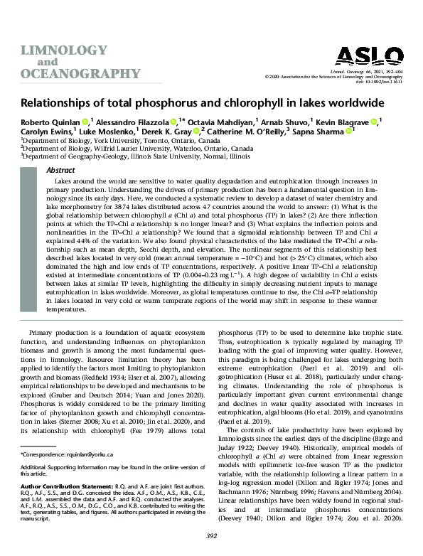 (PDF) Relationships of total phosphorus and chlorophyll in lakes worldwide