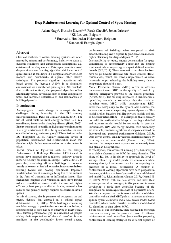 (PDF) Deep Reinforcement Learning for Optimal Control of Space Heating