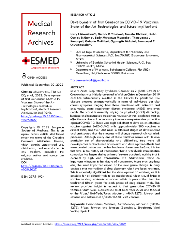 (PDF) Development of first Generation COVID-19 Vaccines: State-of the ...