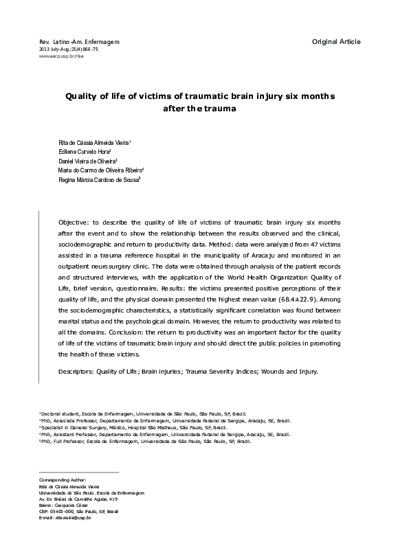 (PDF) Quality of life of victims of traumatic brain injury six months ...