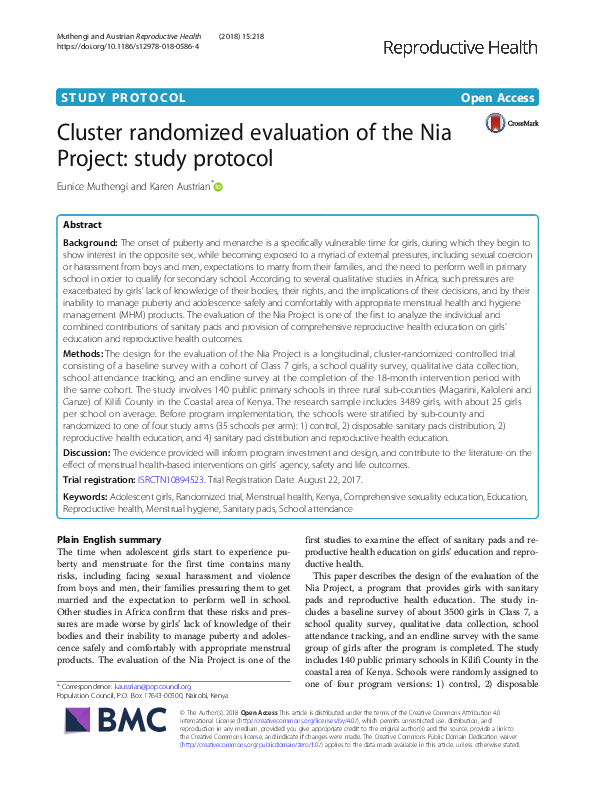 (PDF) Cluster randomized evaluation of the Nia Project: study protocol