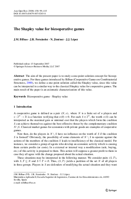 (PDF) The Shapley value for bicooperative games