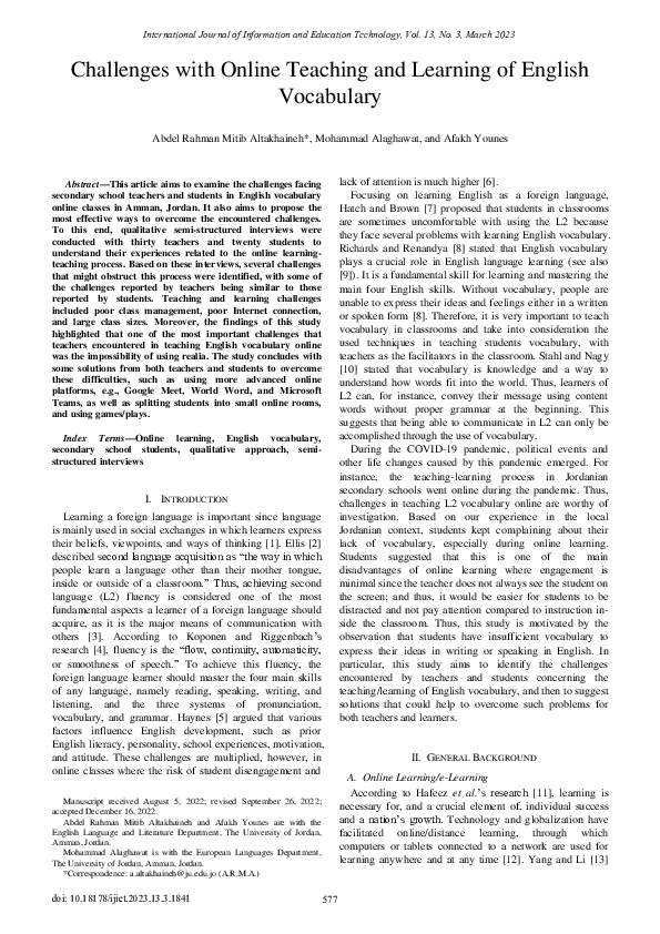 (PDF) Challenges with Online Teaching and Learning of English Vocabulary