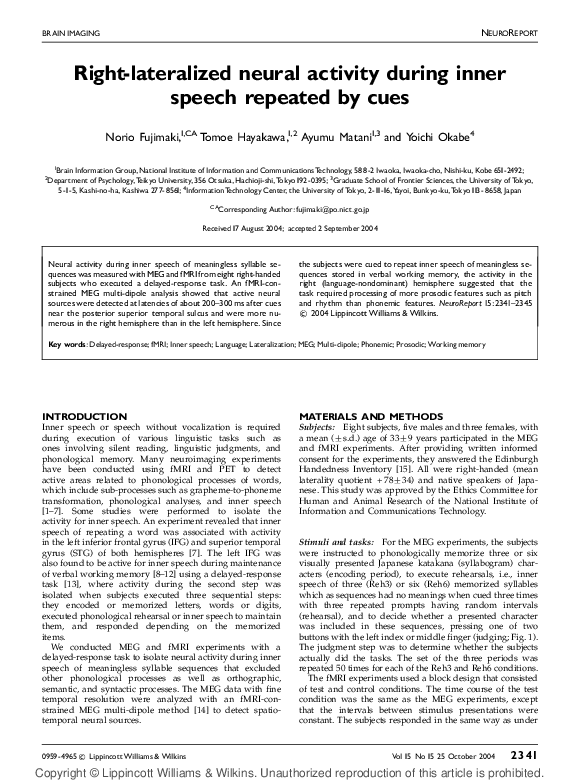 (PDF) Right-lateralized neural activity during inner speech repeated by ...