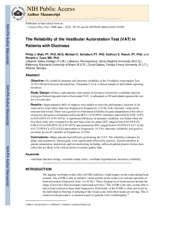 (PDF) The Reliability of the Vestibular Autorotation Test (VAT) in ...