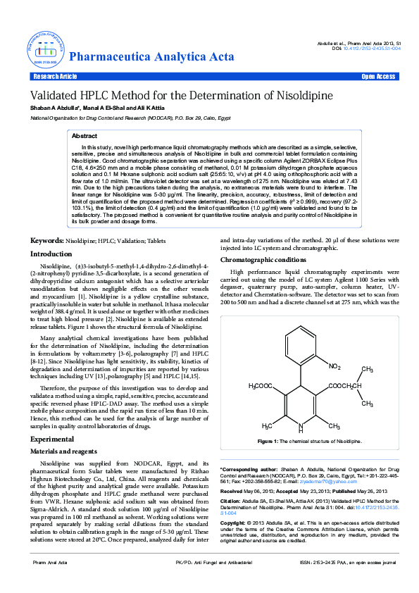 (PDF) Validated HPLC Method for the Determination of Nisoldipine