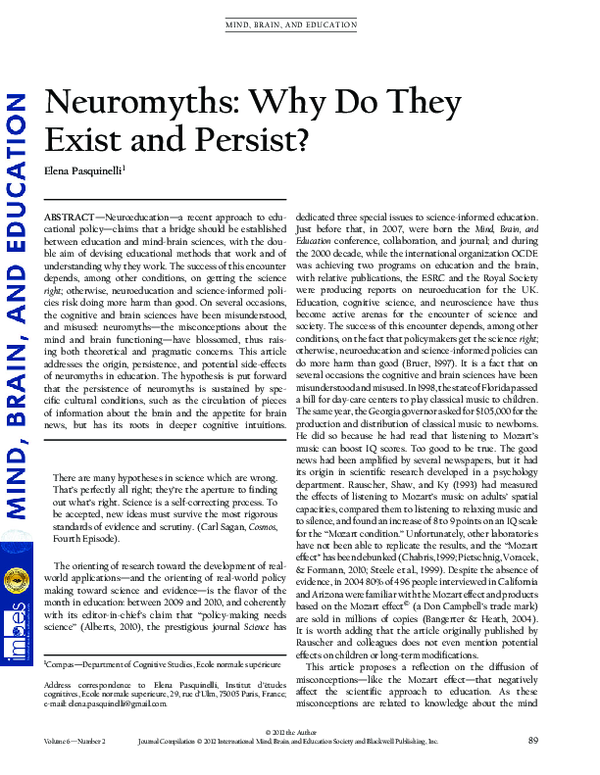 (PDF) Neuromyths: Why Do They Exist and Persist?
