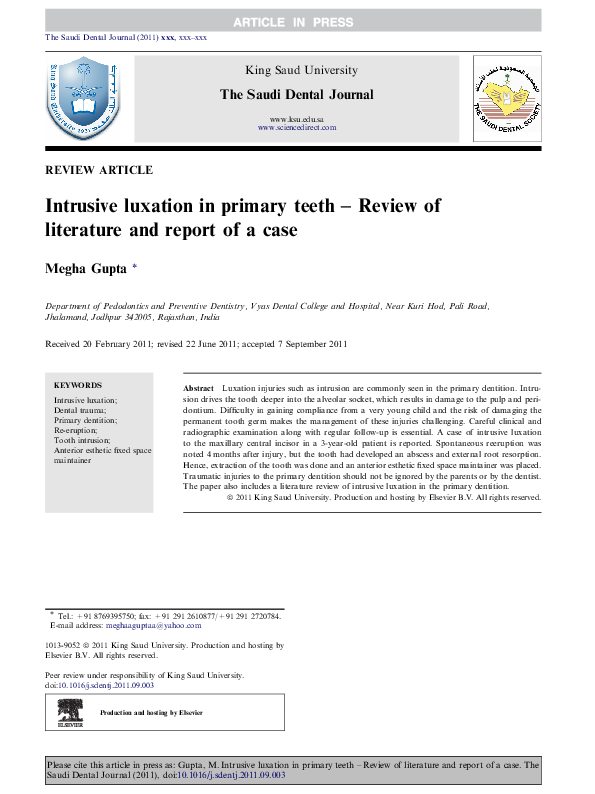 (PDF) Intrusive luxation in primary teeth -Review of literature and ...