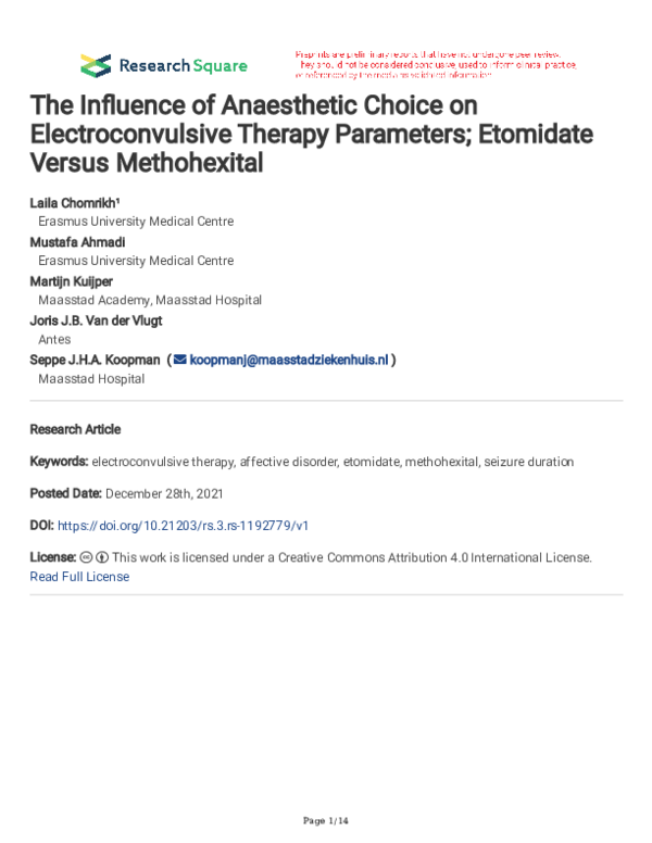 The Influence of Anaesthetic Choice on Electroconvulsive Therapy Parameters; Etomidate Versus Methohexital