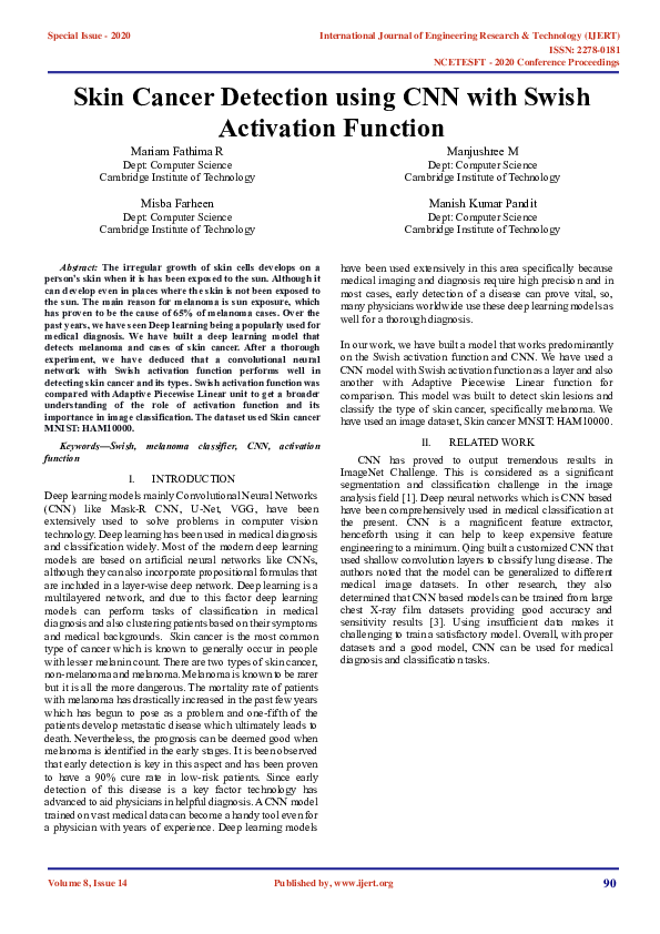 (PDF) Skin Cancer Detection using CNN with Swish Activation Function