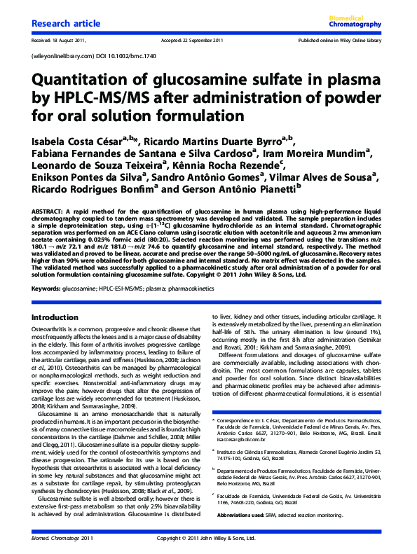 (PDF) Quantitation of glucosamine sulfate in plasma by HPLCMS/MS after administration of powder