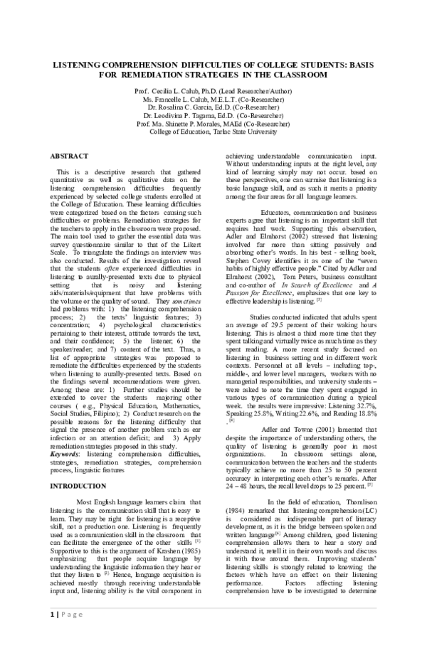 (DOC) LISTENING COMPREHENSION DIFFICULTIES OF COLLEGE STUDENTS: BASIS ...