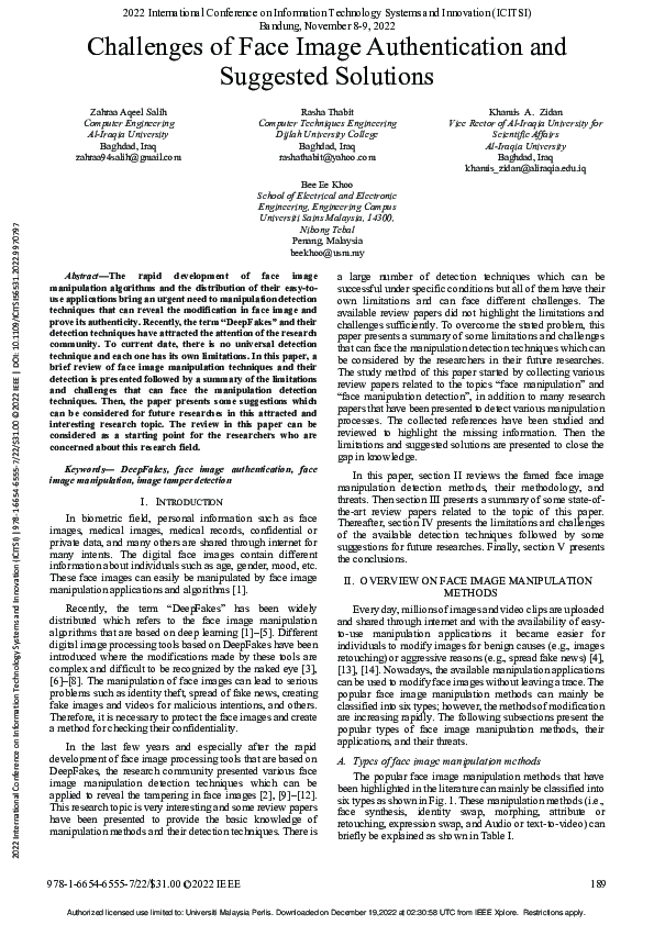 (PDF) Challenges of Face Image Authentication and Suggested Solutions