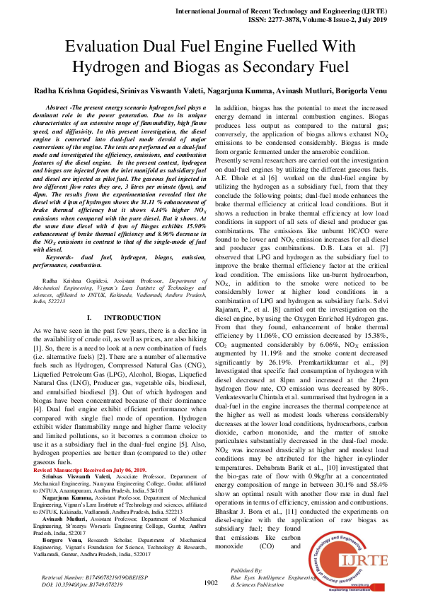(PDF) Evaluation Dual Fuel Engine Fuelled With Hydrogen and Biogas as