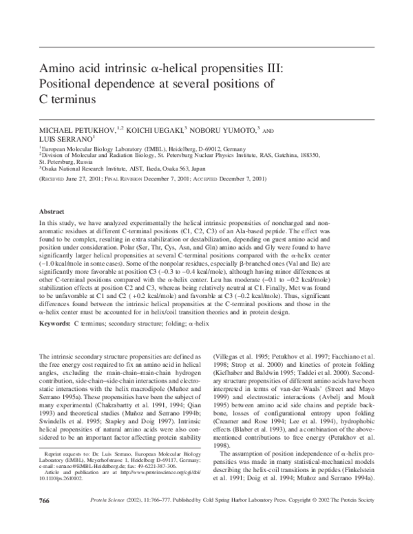 (PDF) Amino acid intrinsic alpha-helical propensities III: Positional ...