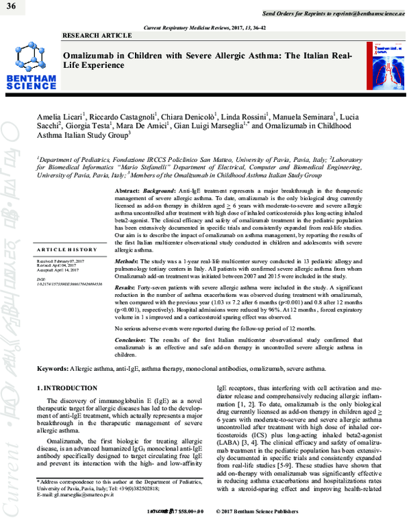 (PDF) Omalizumab in Children with Severe Allergic Asthma: The Italian ...